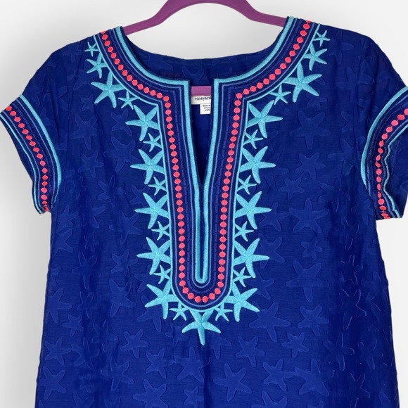 Vineyard Vines Starfish Shift Dress Blue Sz 4 Dot‎ Cotton Silk Pink Turquoise - Picture 3 of 11